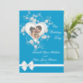 ターコイズとホワイトハート結婚の写真招待状 招待状 (スタンド正面)