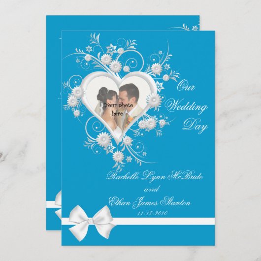 ターコイズとホワイトハート結婚の写真招待状 招待状 (正面/裏面)