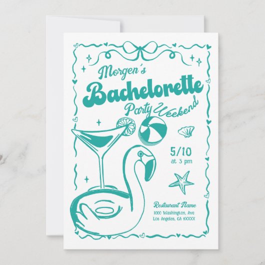 ターコイズとホワイトバチェロレッテ週末パーティー 招待状 (正面)