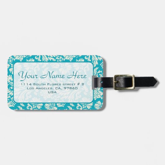 ターコイズとホワイトフローラルダマスクカスタマイズ- ラゲッジタグ (正面横)