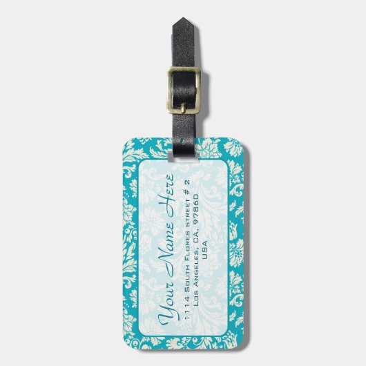 ターコイズとホワイトフローラルダマスクカスタマイズ- ラゲッジタグ (正面縦)