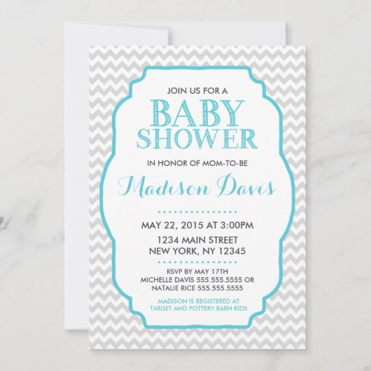 ターコイズとモダングレーシェブロン赤ちゃんシャワー 招待状 (正面)