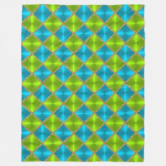 ターコイズとライムと金ゴールド正方形 フリースブランケット (正面)