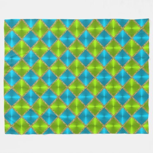 ターコイズとライムと金ゴールド正方形 フリースブランケット (正面(横))