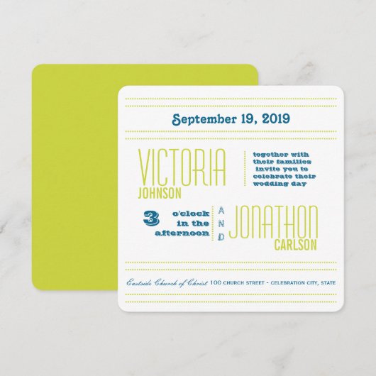 ターコイズとライムのモダンなタイポグラフィーの結婚式 招待状 (正面/裏面)