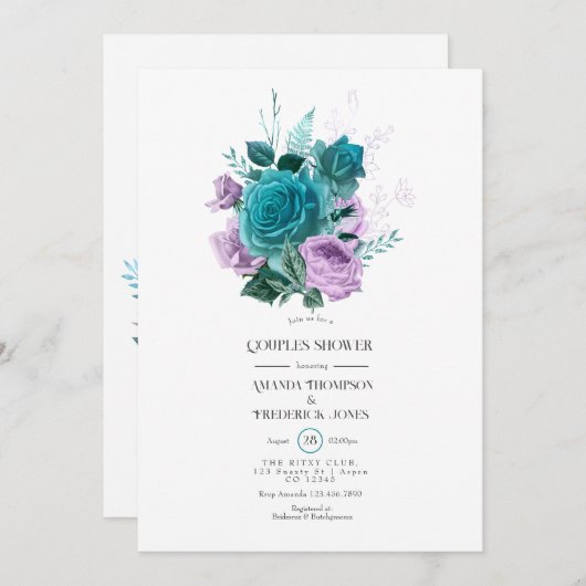 ターコイズとラベンダーの花のペアシャワー 招待状 (正面/裏面)