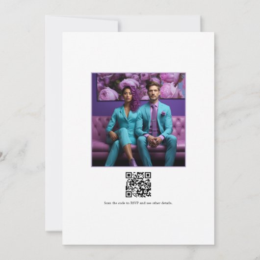 ターコイズとラベンダーの花束 ウェディングフォト 招待状 (裏面)