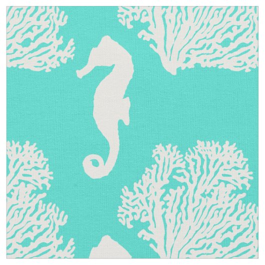 ターコイズと白い海馬の海岸模様 ファブリック (クローズアップ)