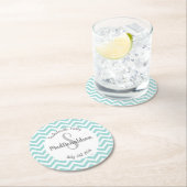 ターコイズと白のシェブロン モノグラム パーティー ラウンドペーパーコースター (インサイチュ)