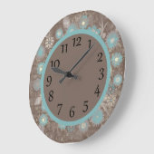 ターコイズと白のフローラオンブラウンウォールクロック ラージ壁時計 (傾斜)