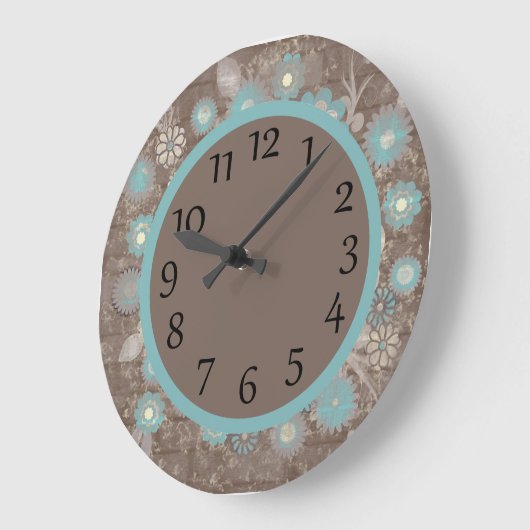 ターコイズと白のフローラオンブラウンウォールクロック ラージ壁時計 (傾斜)