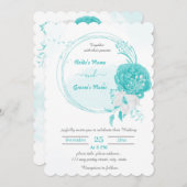 ターコイズと白の花の植物性リース結婚ズ 招待状 (正面/裏面)