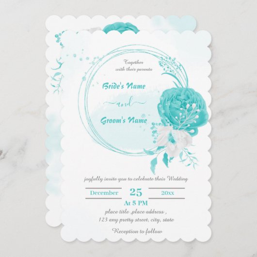 ターコイズと白の花の植物性リース結婚ズ 招待状 (正面/裏面)