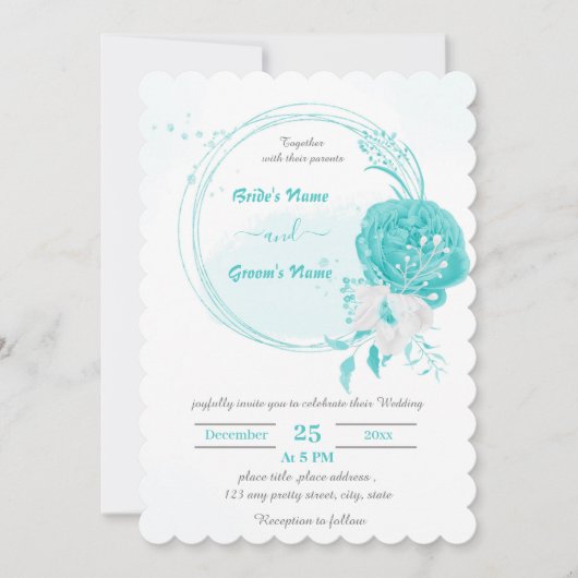ターコイズと白の花の植物性リース結婚ズ 招待状 (正面)