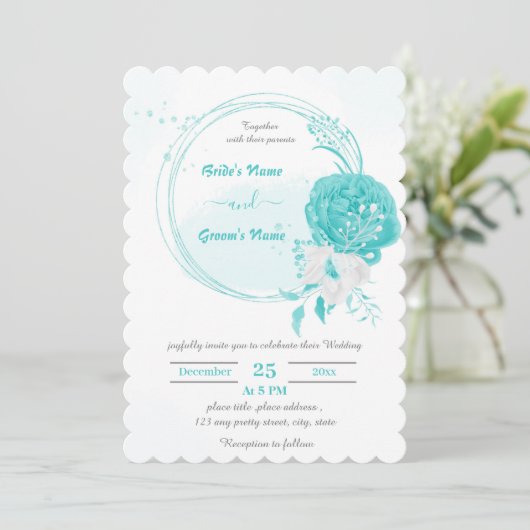 ターコイズと白の花の植物性リース結婚ズ 招待状 (スタンド正面)