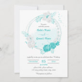 ターコイズと白の花の植物性リース結婚ズ 招待状 (正面)