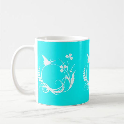 ターコイズと白フローラ蝶のマグ コーヒーマグカップ (左)