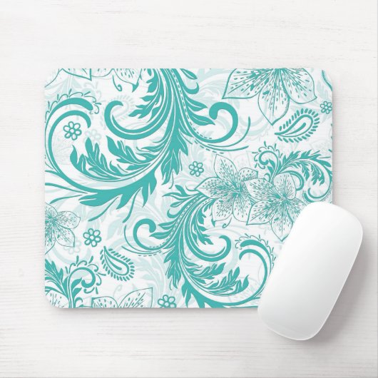 ターコイズと白レトロの花と渦巻きデザイン マウスパッド (マウス)