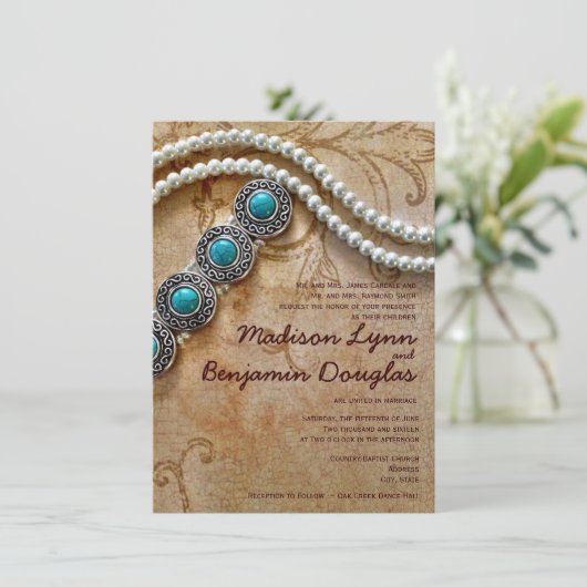 ターコイズと真珠の素朴結婚式招待状 招待状 (スタンド正面)