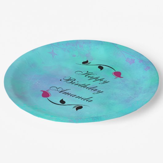 ターコイズと紫と赤バラ誕生日 ペーパープレート (アングル)