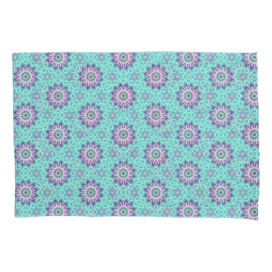 ターコイズと紫のフローラマンダラアンドスターズ 枕カバー (正面)