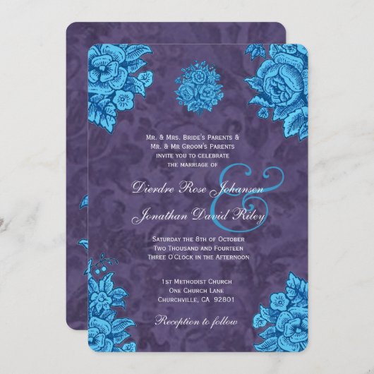 ターコイズと紫のヴィンテージフ結婚ラワーズV24 招待状 (正面/裏面)