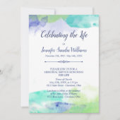 ターコイズと紫の水のカラーお祝いの生活 招待状 (正面)