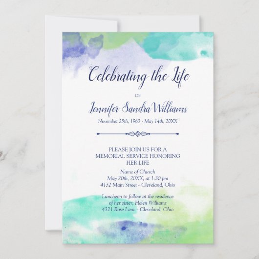 ターコイズと紫の水のカラーお祝いの生活 招待状 (正面)