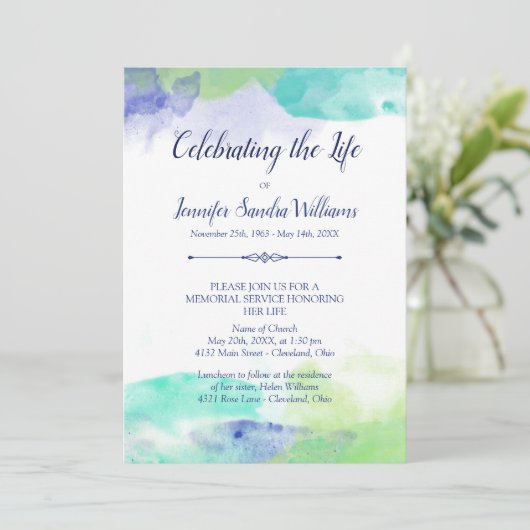 ターコイズと紫の水のカラーお祝いの生活 招待状 (スタンド正面)