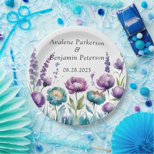 ターコイズと紫の野結婚花 ペーパープレート (パーティー)
