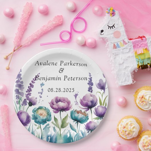 ターコイズと紫の野結婚花 ペーパープレート (パーティー)