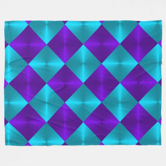 ターコイズと紫色のメタリック調の正方形 フリースブランケット (正面(横))
