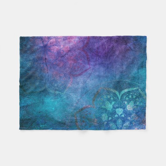 ターコイズと緑エレガント蓮の花 フリースブランケット (正面(横))