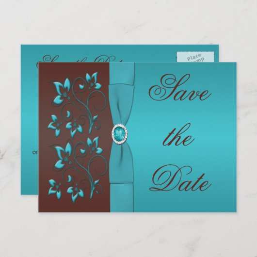 ターコイズと茶色のフローラ日付はがきを保存 案内ポストカード (正面/裏面)