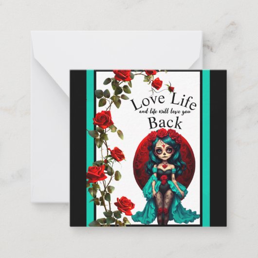 ターコイズと赤いバラのスカルコレクション ノートカード (正面)