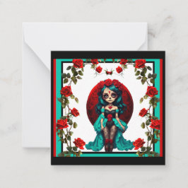 ターコイズと赤いバラのスカルシュガー ノートカード