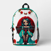 ターコイズと赤いバラのスカルシュガー プリントバックパック (正面)
