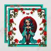 ターコイズと赤のバラのスugarスカル シーズンカード (正面/裏面)