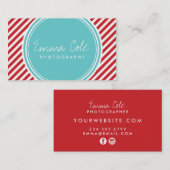 ターコイズと赤の名門私立校風のストライプ 名刺 (正面/裏面)