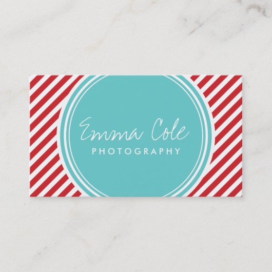 ターコイズと赤の名門私立校風のストライプ 名刺 (正面)