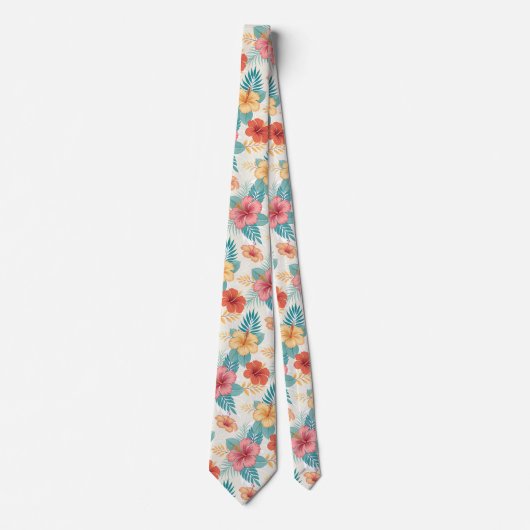 ターコイズと赤面ピンクハイビスカスハワイアン ネクタイ (正面)