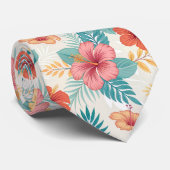 ターコイズと赤面ピンクハイビスカスハワイアン ネクタイ (ロール)