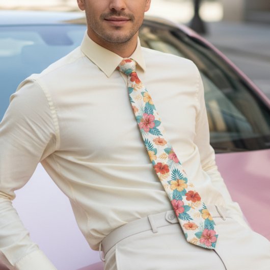 ターコイズと赤面ピンクハイビスカスハワイアン ネクタイ