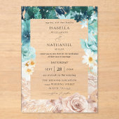ターコイズと赤面ピンク結婚フローラの2 アクリル招待状 (正面)