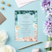 ターコイズと赤面ピンク結婚フローラの2 アクリル招待状 (インサイチュ (ウェディング))