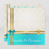ターコイズと金ゴールドのリボンに白いダマスク 招待状 (正面/裏面)