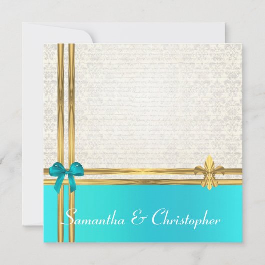 ターコイズと金ゴールドのリボンに白いダマスク 招待状 (正面)