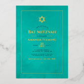 ターコイズと金ゴールドの水色バルミツワー写真 箔招待状 (正面)