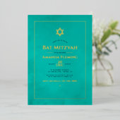 ターコイズと金ゴールドの水色バルミツワー写真 箔招待状 (立ち正面)