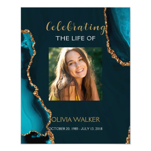 ターコイズと金ゴールドの緑の葬式ウェルカムサイン フォトプリント            (正面)